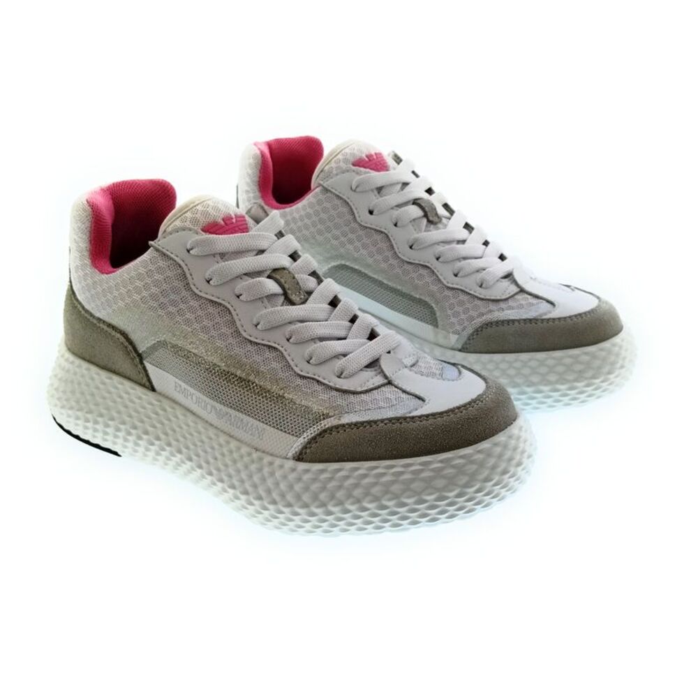 Emporio Armani Women's White Grey Textured-Sole Sneakers
